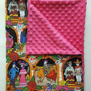 NEW! Dia De Los Muertos Day of the Dead Baby Toddler Cotton Minky Blanket - Pink